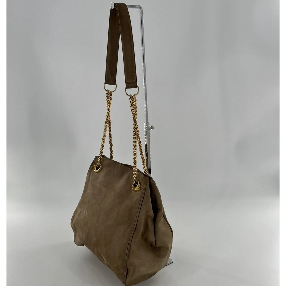 Rare De Vecchi Hamilton Hodge Shoulder Bag Nubuck Leather Gold Chain Strap Taupe
